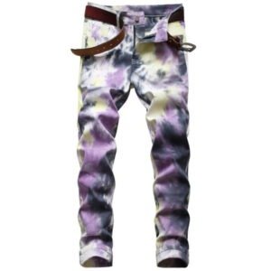 Wholesale Mens Tie and Dye Stretch Denim Jeans Trendy Style Fancy Colored Purple Printed Pants Trousers For Men