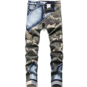 Wholesale slim fit elastic camouflage patchwork denim pant men's fashion trend small leg jeans