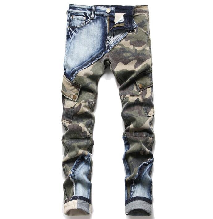 Wholesale slim fit elastic camouflage patchwork denim pant men's fashion trend small leg jeans
