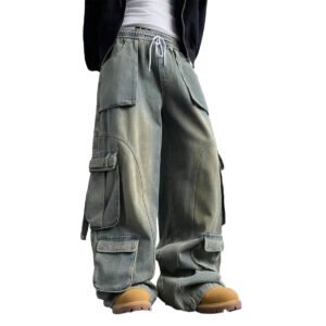 XUCHANG Custom Streetwear Men Baggy Monkey Washed Denim 3D Effect Cargo Pockets Jeans Pants Men