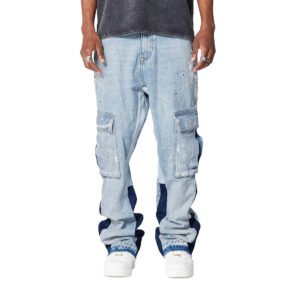 XUCHANG Men Custom Manufacturer High Quality Washed Denim Color Block Flare Jeans Pants