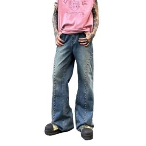 XUCHANG Men Manufacturer Casual Streetwear Denim Monkey Washed Metal Stud Flared Jeans Pants