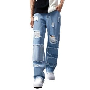 XUCHANG Men Manufacturer Denim Washed Cotton Ripped Frayed Straight Leg Baggy Jeans Pants